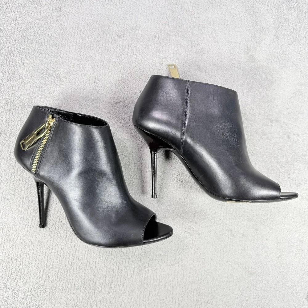 Burberry Womens 39 Black Leather Gold Zip Peep Toe Stiletto Ankle Bootie Italy
